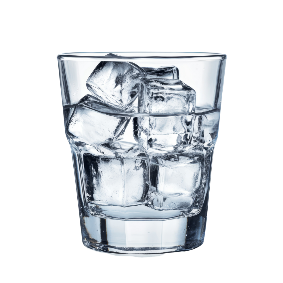 Refreshing glass of water filled with ice cubes on a bright transparent background for a cool beverage experience, Glass of water and ice cubes on transparent background png