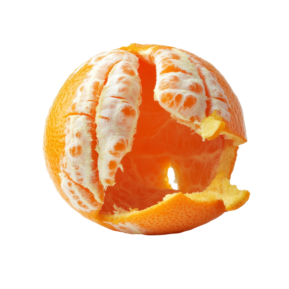 Freshly peeled tangerine sits on a clean transparent background showcasing its bright color and juicy texture, Fresh peeled tangerine isolated on transparent background png
