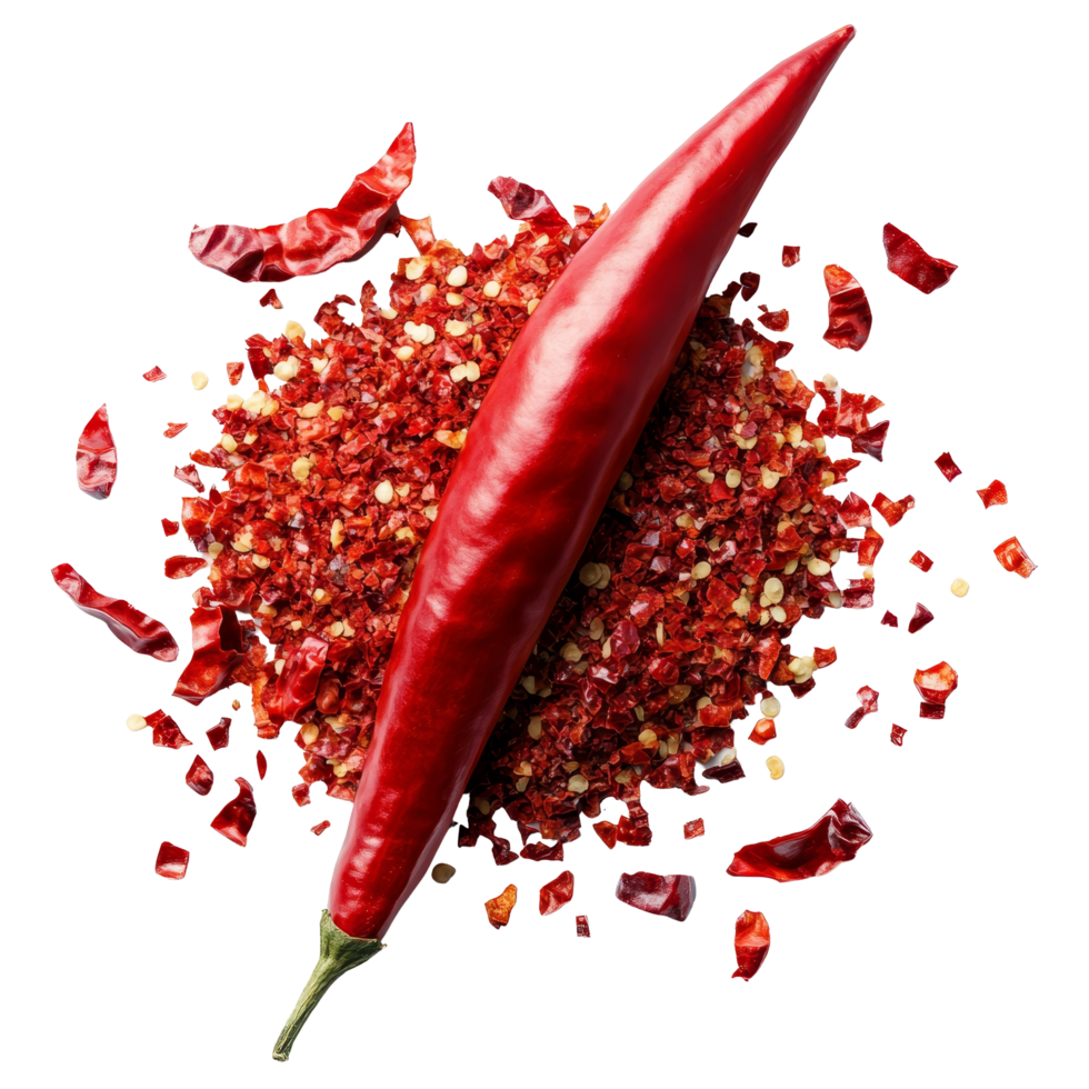 Crushed red chili pepper and whole chili on a transparent background, perfect for spice lovers and culinary enthusiasts, Crushed red chili pepper isolated on transparent background png