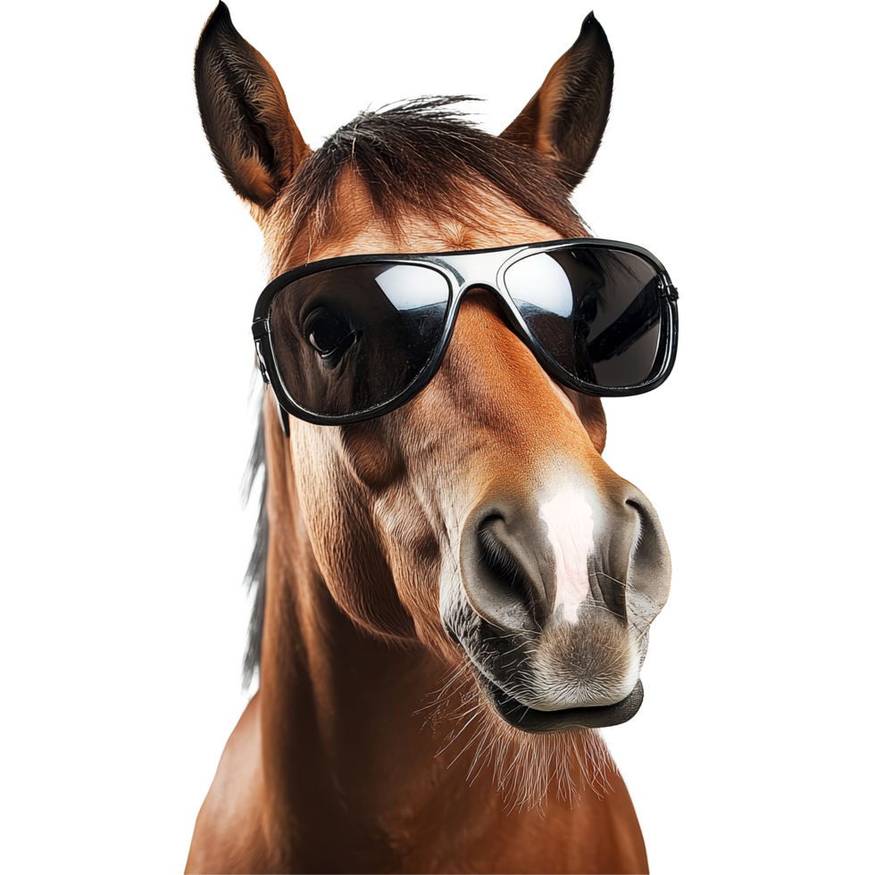 A funny horse wearing sunglasses poses playfully against a crisp transparent background in bright lighting, Funny horse wearing sunglasses on transparent background png