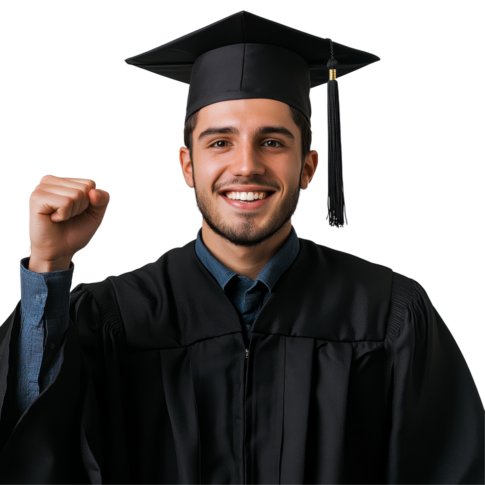 Proud male graduate celebrating achievement with raised fist against a plain transparent background, Hooray Male Graduate with Raised Fist on transparent background png