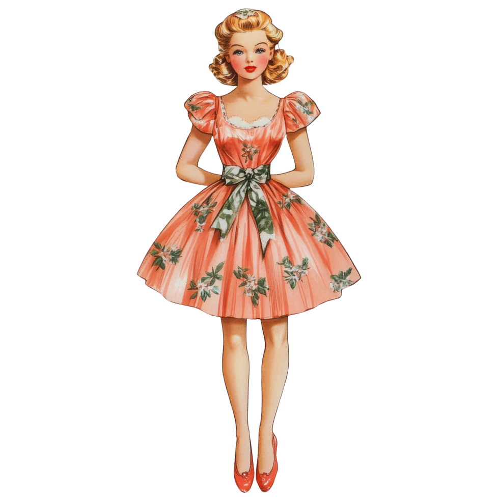Charming vintage paper doll dressed in a floral pink gown with a bow from the mid20th century, This vintage paper doll exudes the charm of the 1950s era transparent or transparent background backdrop png
