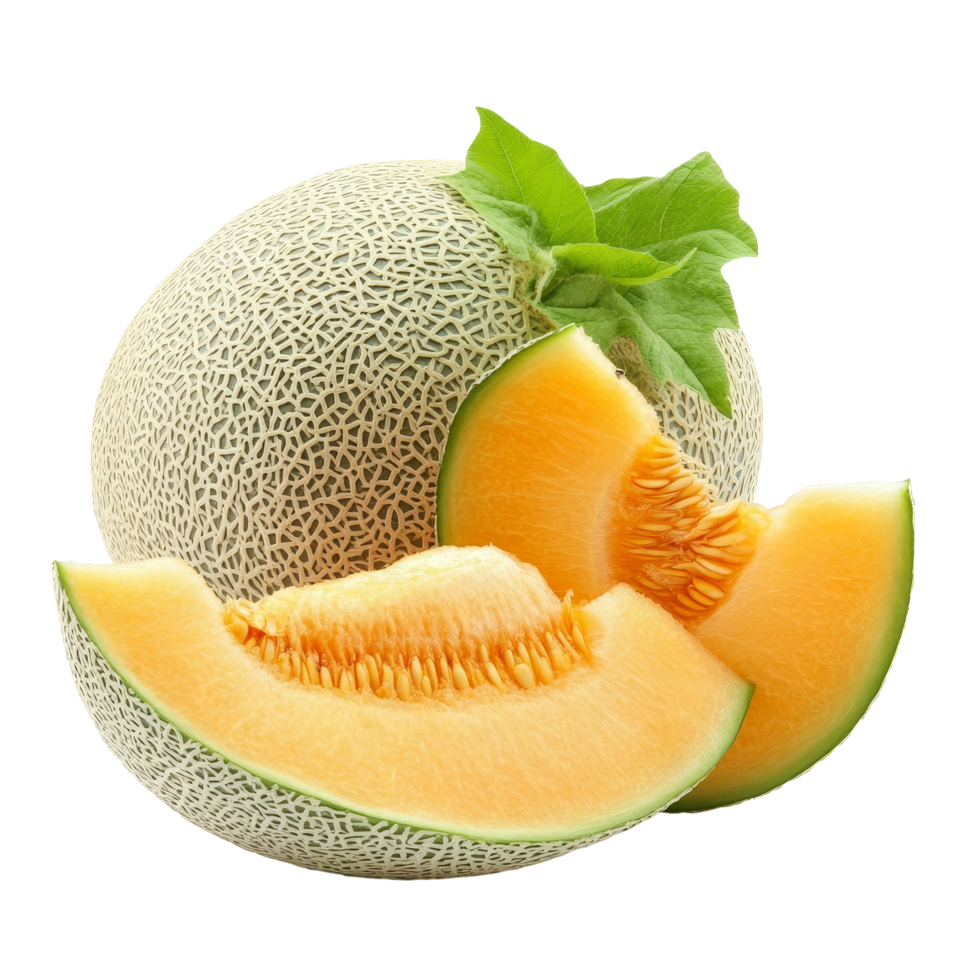 Fresh yellow cantaloupe melon with slices isolated on transparent background perfect for healthy recipes and snacks, yellow cantaloupe melon isolated on transparent background png
