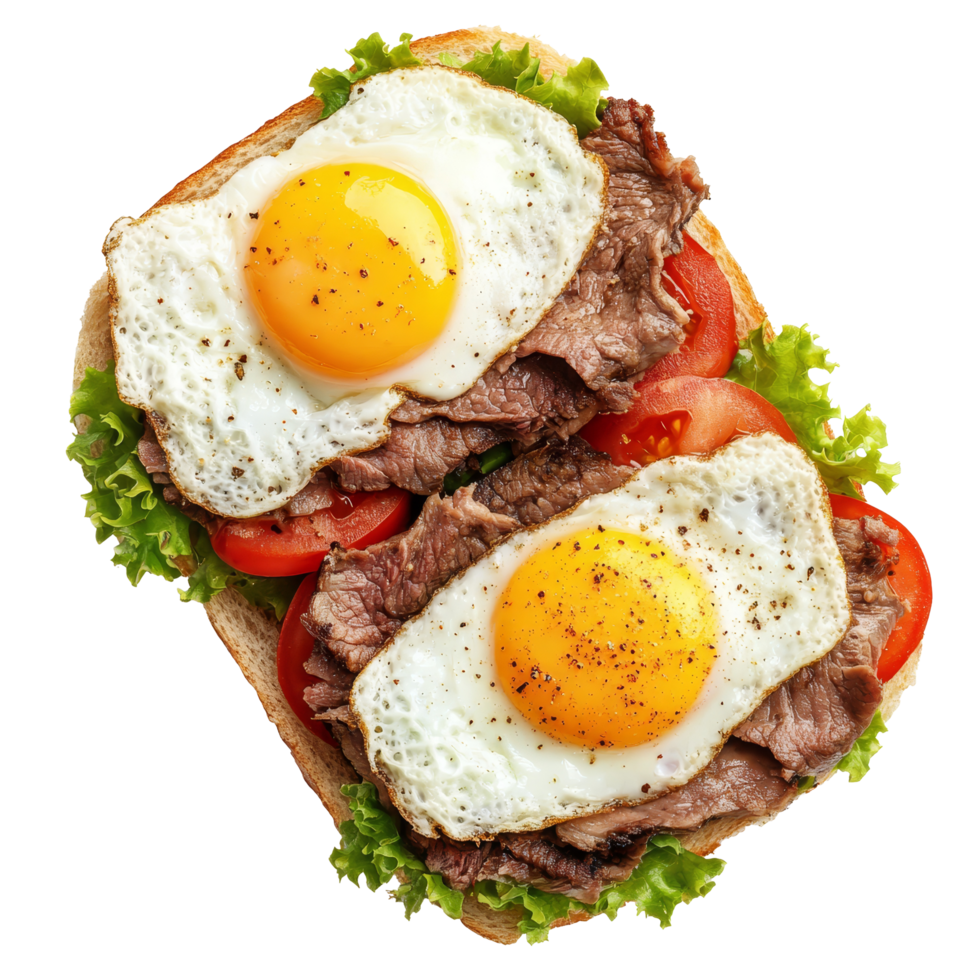 Delicious beef and egg sandwich with fresh vegetables served on toasted bread for a hearty meal, sandwich of beef and eggs top view isolated on transparent background png