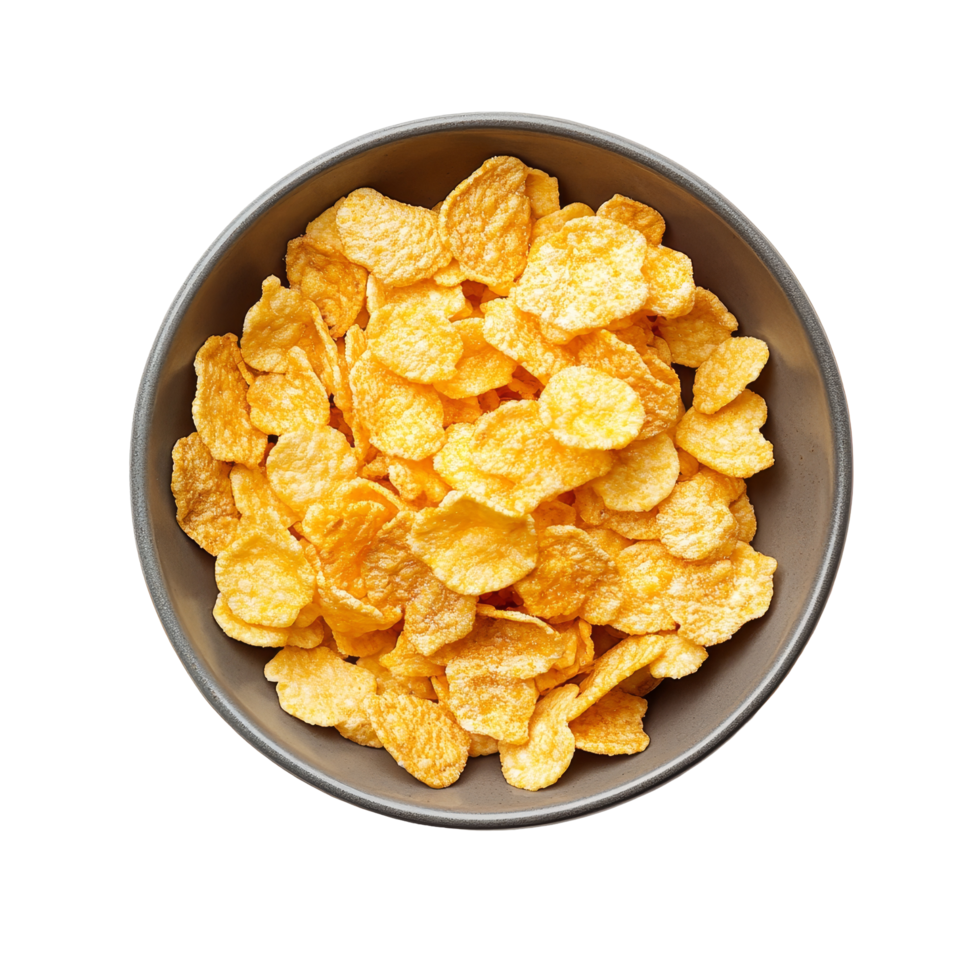 A bowl of crunchy corn flakes displayed on a clean transparent background for a fresh and inviting breakfast setting, corn flakes on transparent background png