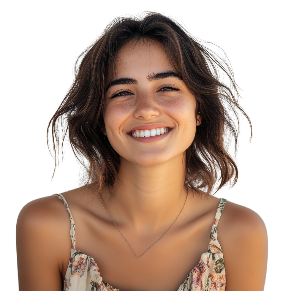 Happy young Uruguayan woman smiles brightly while enjoying a sunny day in a relaxed setting, Young Uruguayan woman happy and smiling isolated png