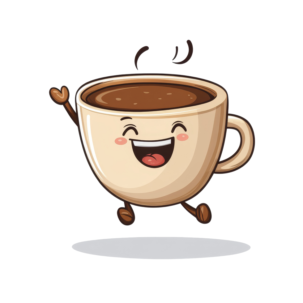 Joyful cartoon coffee cup character happily jumping against a transparent background in a playful display of cheerfulness, Joyful Coffee Cup Cartoon Character Jumping on transparent background png