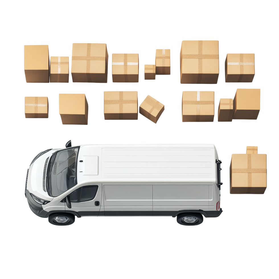consegna furgone circondato di multiplo scatole su un' pulito trasparente sfondo in mostra efficiente la logistica, consegna furgone con multiplo scatole su trasparente sfondo png