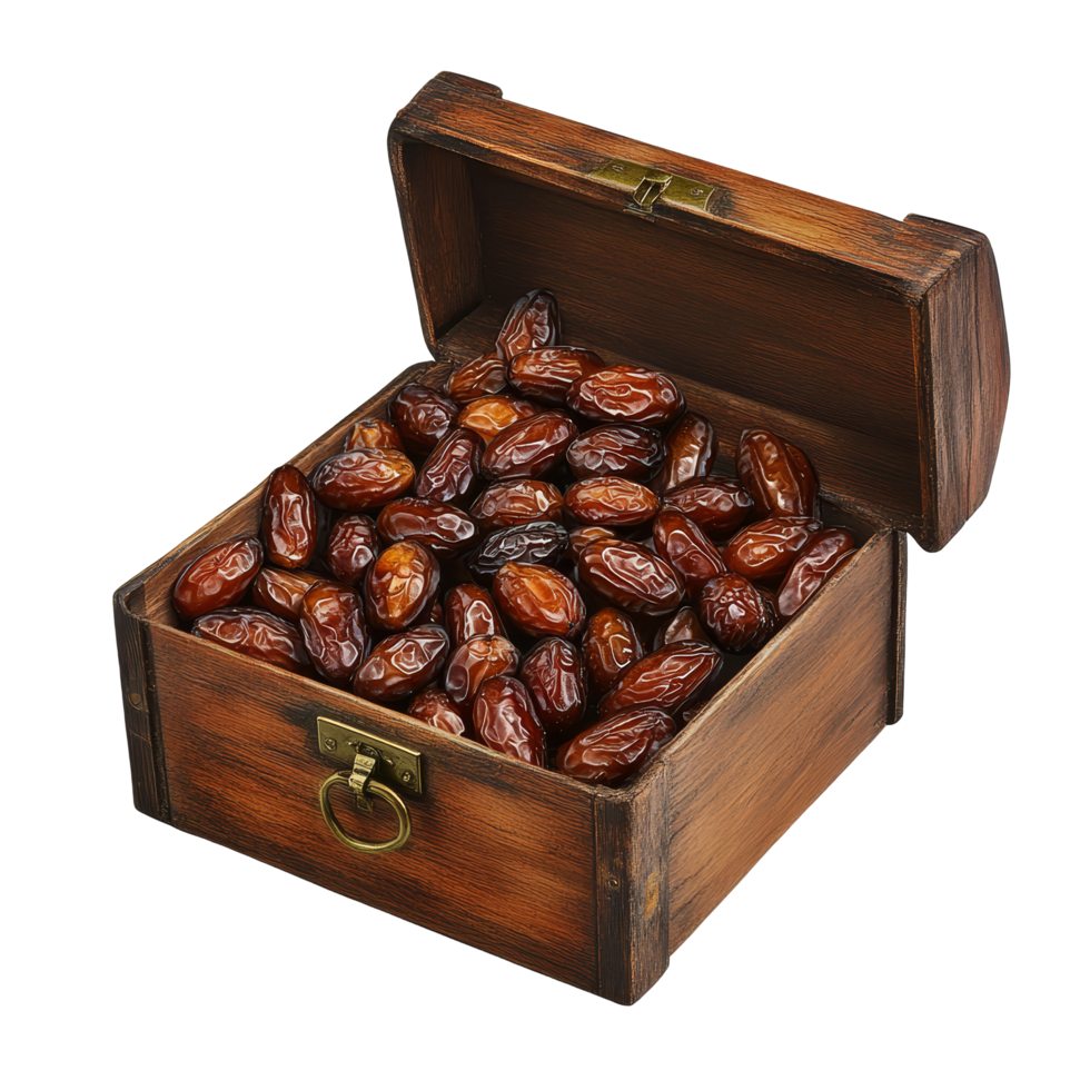 A wooden box filled with fresh date fruits isolated on a transparent background showcasing natures sweetness, wooden box of date fruitsisolated on transparent background png