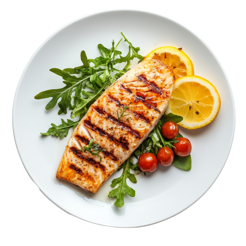 Gourmet grilled fish fillet served with fresh arugula and lemon slices on a transparent plate, Plate of gourmet grilled fish fillet on transparent background png