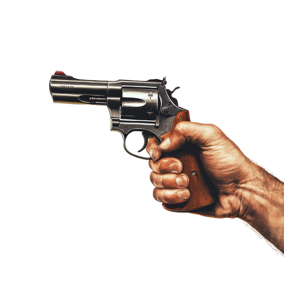 A hand firmly grips a revolver, showcasing a powerful stance against a clean transparent background under bright lighting, Hand Holding Revolver on transparent background png