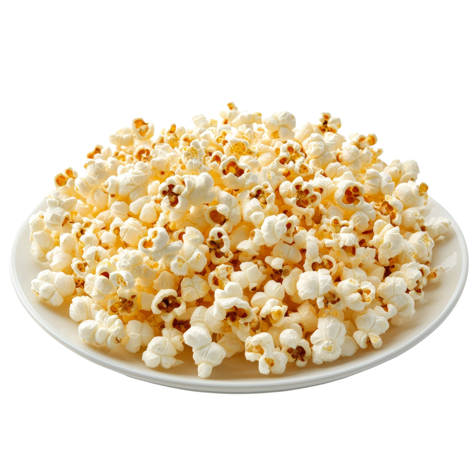 Delicious, fluffy popcorn served in a transparent plate isolated against a bright transparent background for a snack treat, Popcorn in a plate isolated on transparent background png