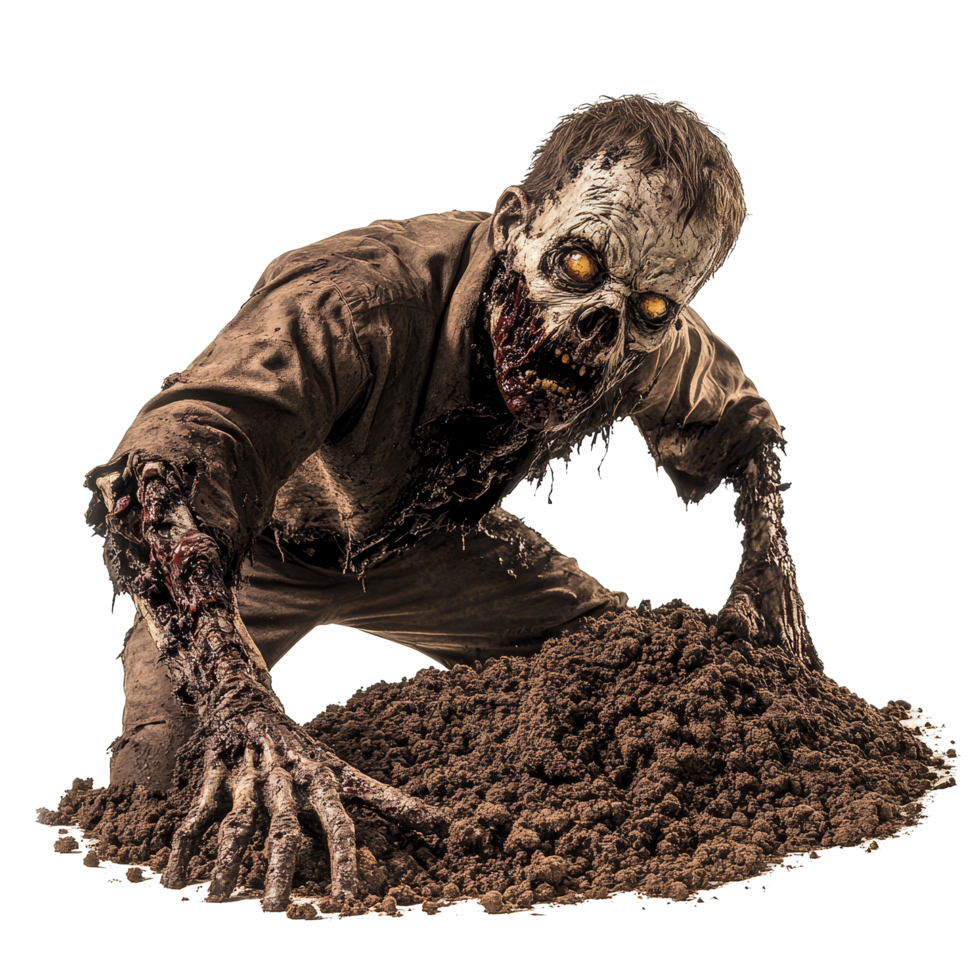 A zombie emerges from a dirt grave against a stark transparent background, showcasing a haunting resurrection, Zombie Crawling from Dirt Grave on transparent background png