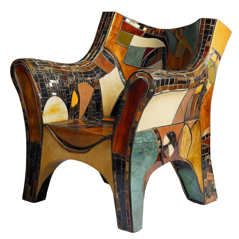 A colorful and artistic chair crafted with mosaic tiles showcasing unique patterns and textures in a modern decor setting, two chairs and table png