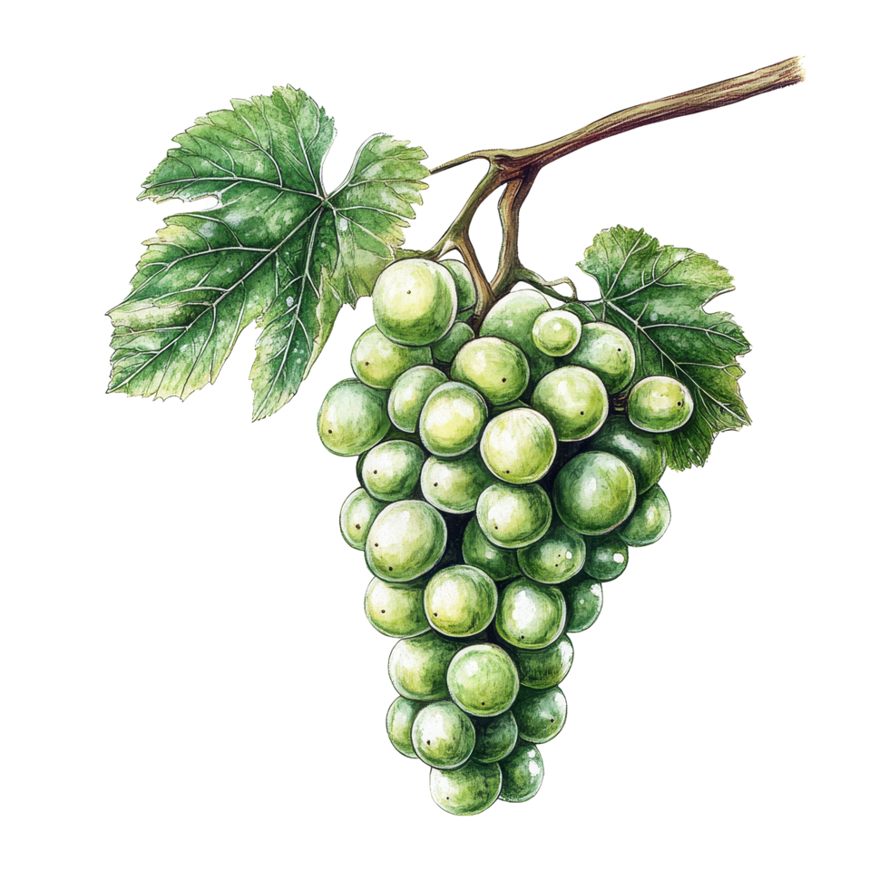Detailed botanical illustration of a green grape bunch hanging on a vine against a clean transparent background, Green Grape Bunch Botanical Illustation on transparent background png