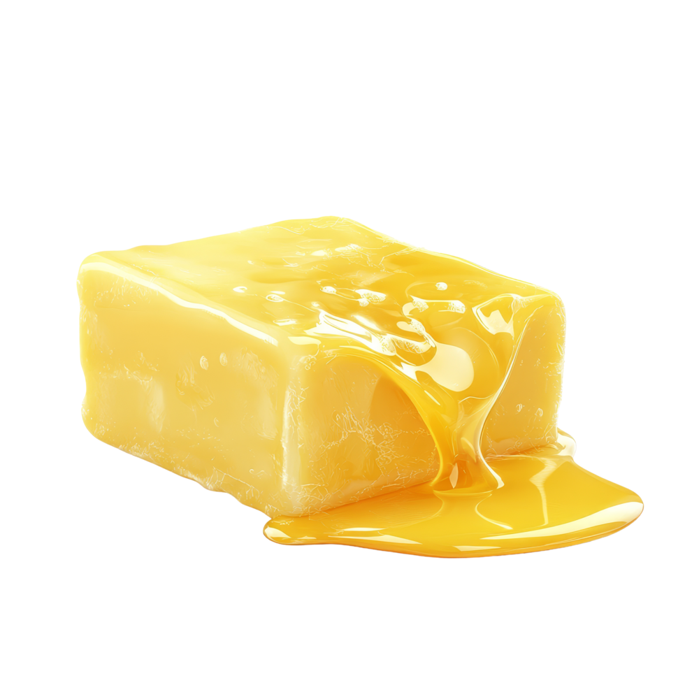 Melted butter glistens on a clean transparent surface creating a rich golden appearance, A piece of melting butter isolated png