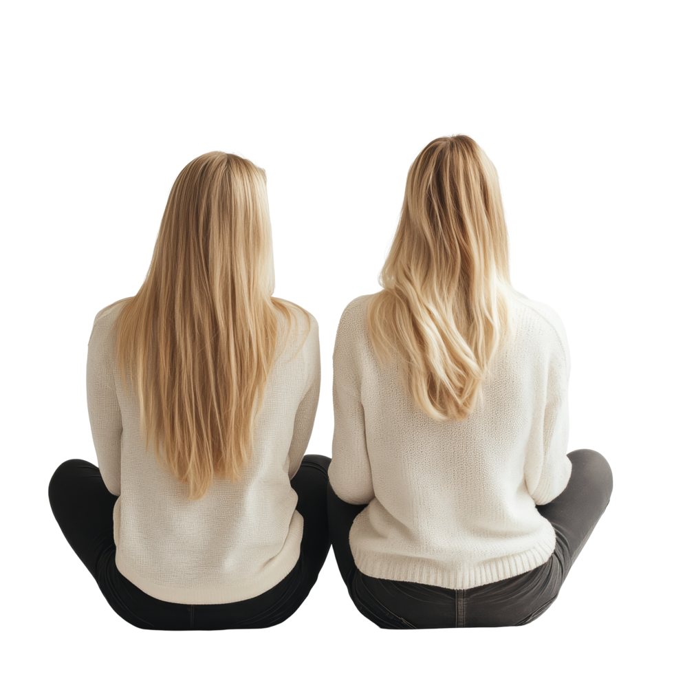 Back view of two blonde women sitting crosslegged in casual attire indoors, Back View of Two Blonde Women Sitting CrossLegged on transparent background png