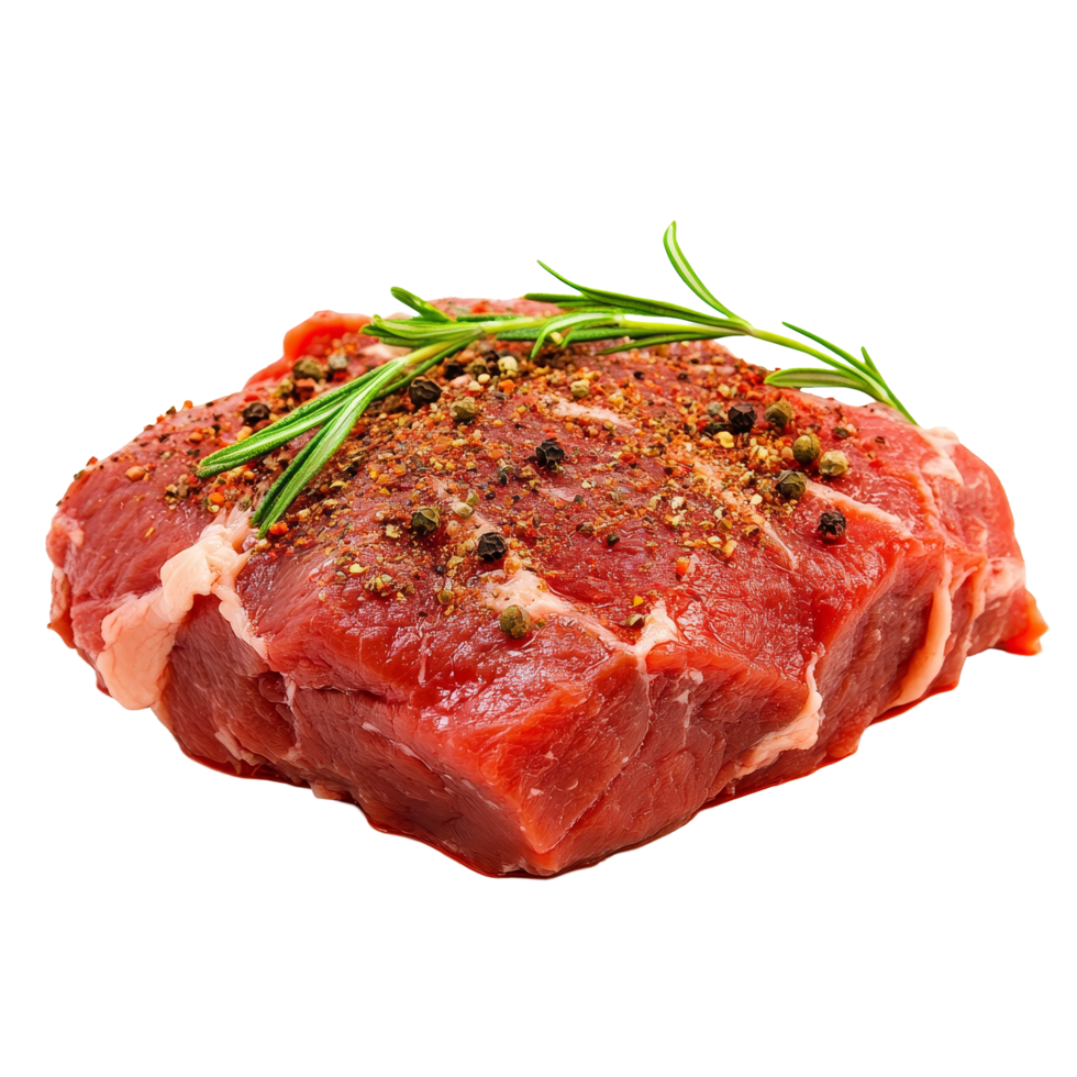 Raw spiced meat with fresh herbs prepared for cooking on a clean transparent background, Spiced raw meat isolated on transparent background png