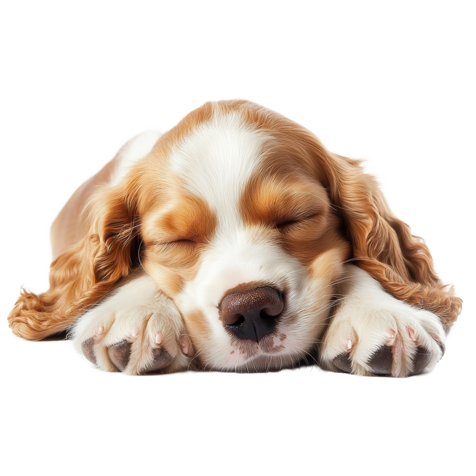 Happy English Cocker Spaniel puppy sleeping peacefully on a soft surface in a bright indoor space, Happy English Cocker Spaniel Puppy Dog sleeping Isolated On transparent background png