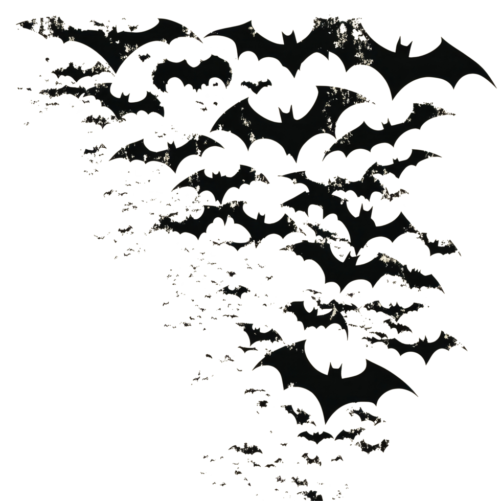 Silhouette of a flock of bats flying in the twilight sky over a light background, flock of some bats silhouette Stock png