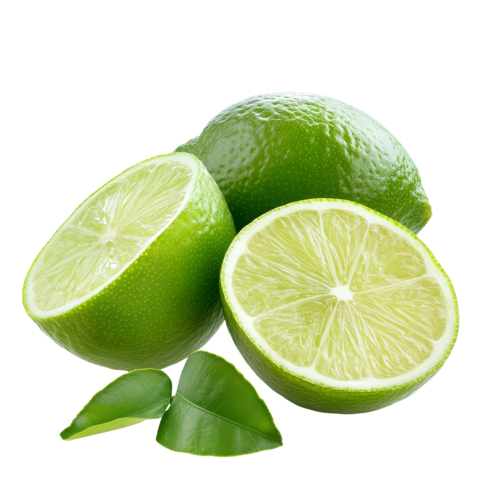Fresh lime on a transparent background showcasing a whole fruit and cut halves with green leaves for a vibrant display, orange and lime on transparent background png
