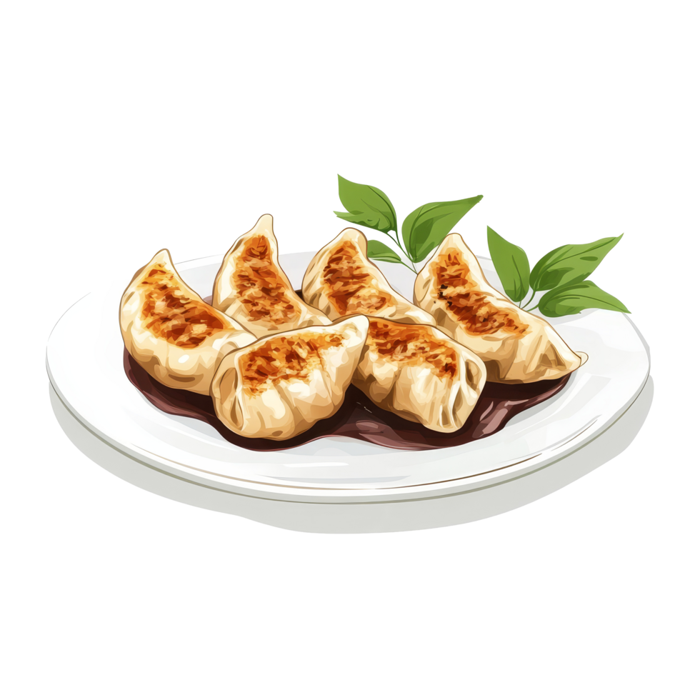 Delicious Gyoza dumplings served on a plate with garnishes against a clean transparent background, Gyoza japanese food Isolated transparent background png