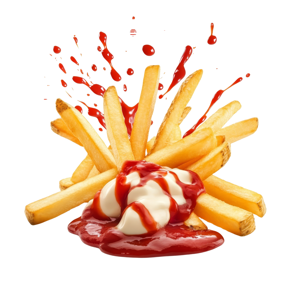Delicious French fries topped with splashes of ketchup and creamy mayonnaise on a bright background, French Fries with Ketchup and Mayonnaise Splashes on transparent background png