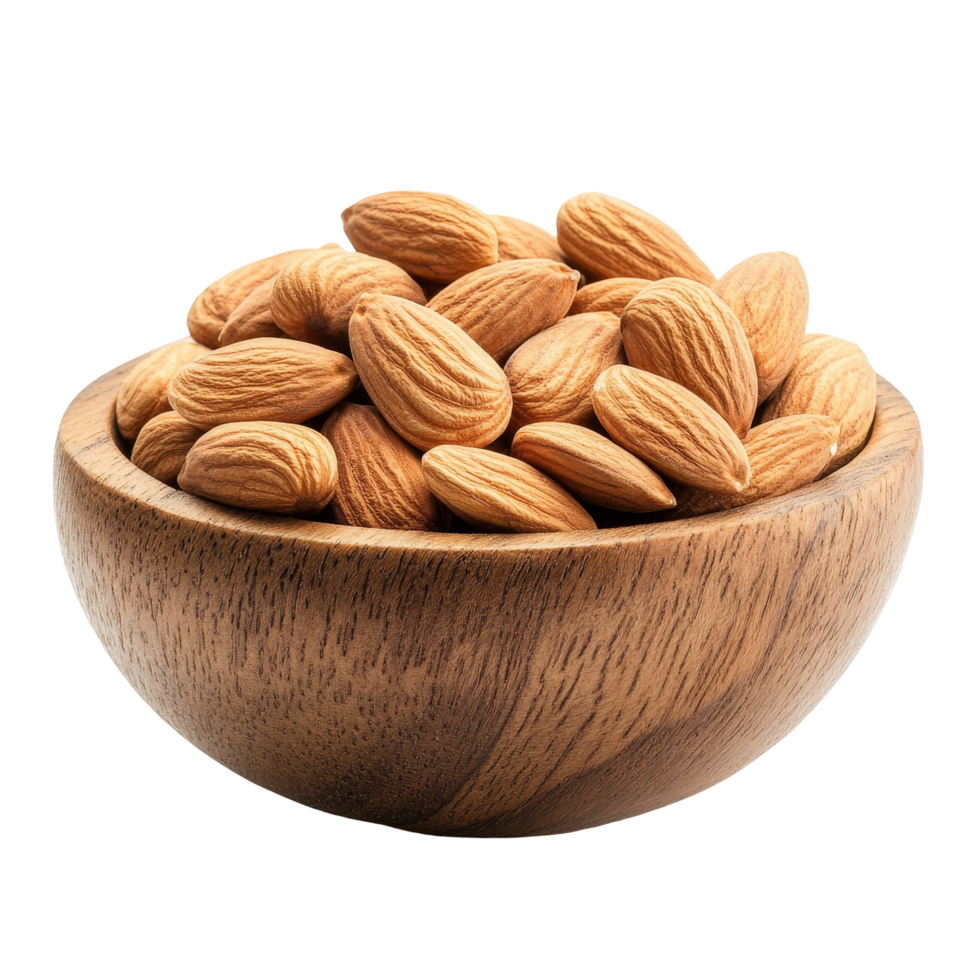 Almonds in a wooden bowl on a transparent background, showcasing natural textures and colors, almonds in wood bowl isolated on transparent background png