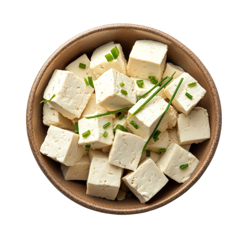 Freshly cut tofu cubes garnished with chives in a rustic bowl on a clean transparent surface, Tofu in bowl on transparent background png