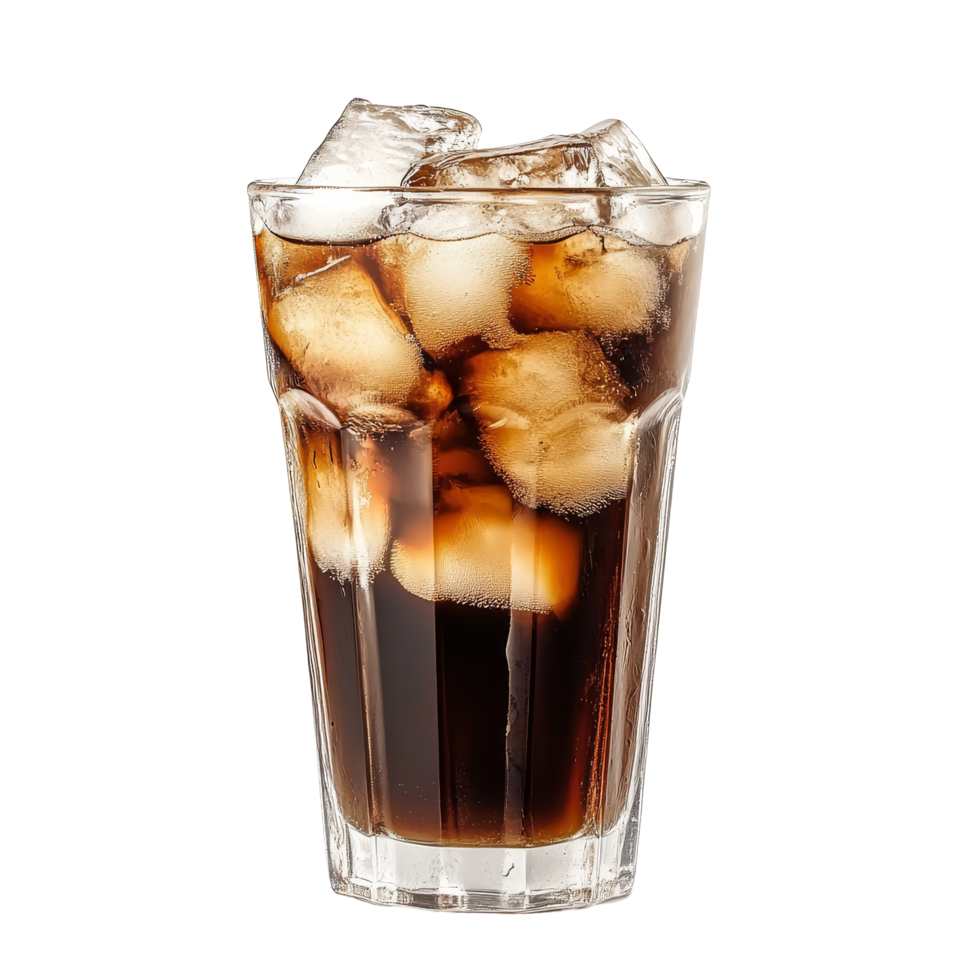 A refreshing glass of iced coffee with clear ice cubes on a light background to quench your thirst on a warm day, Ice in coffee glass on transparent background png