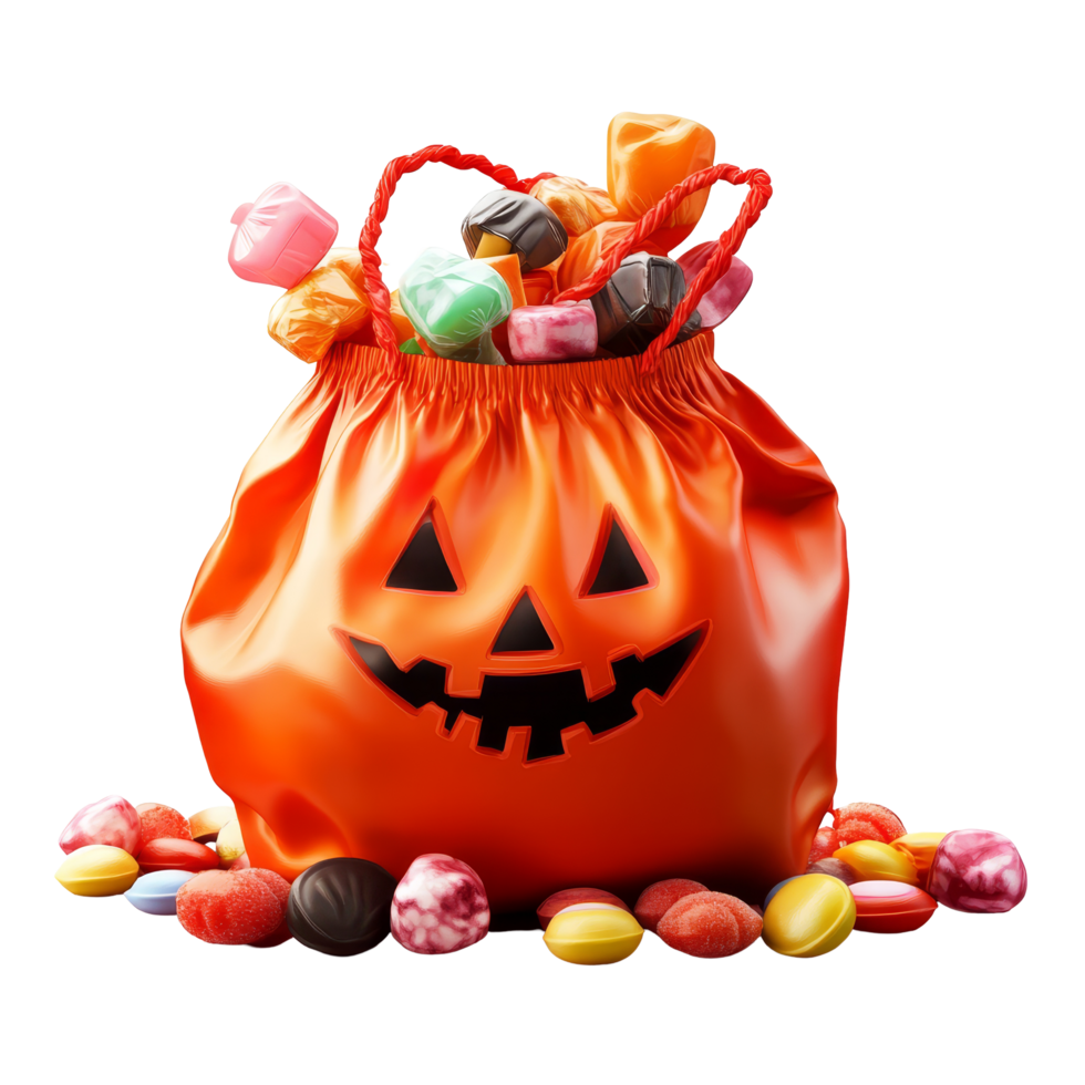 Colorful Halloween candy bag filled with sweets isolated on a transparent background for festive celebrations, halloween bag of candies and sweets, file of isolated object with shadow on transparent png