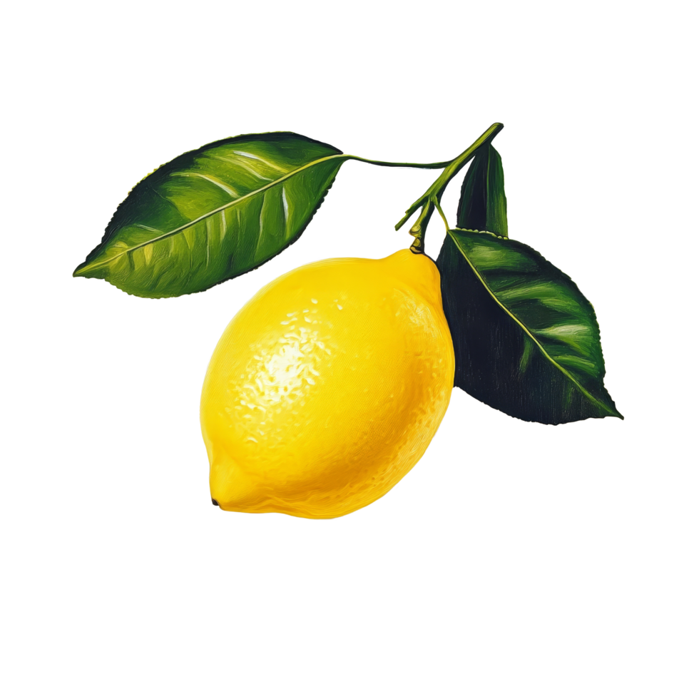 Vibrant yellow lemon with green leaves on a bright transparent background, highlighting its natural shine, lemon on transparent background png