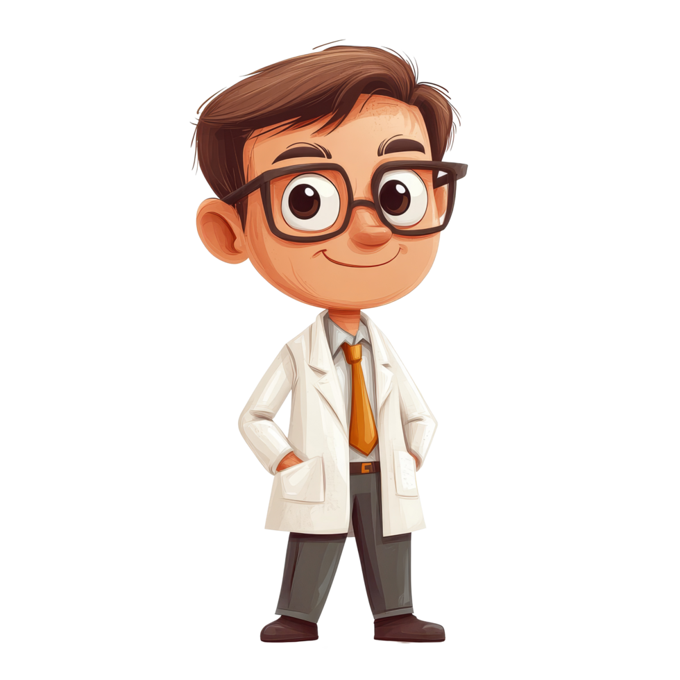 Friendly cartoon professor character in a lab coat smiling against a plain transparent background, Cartoon Professor Character on transparent background png