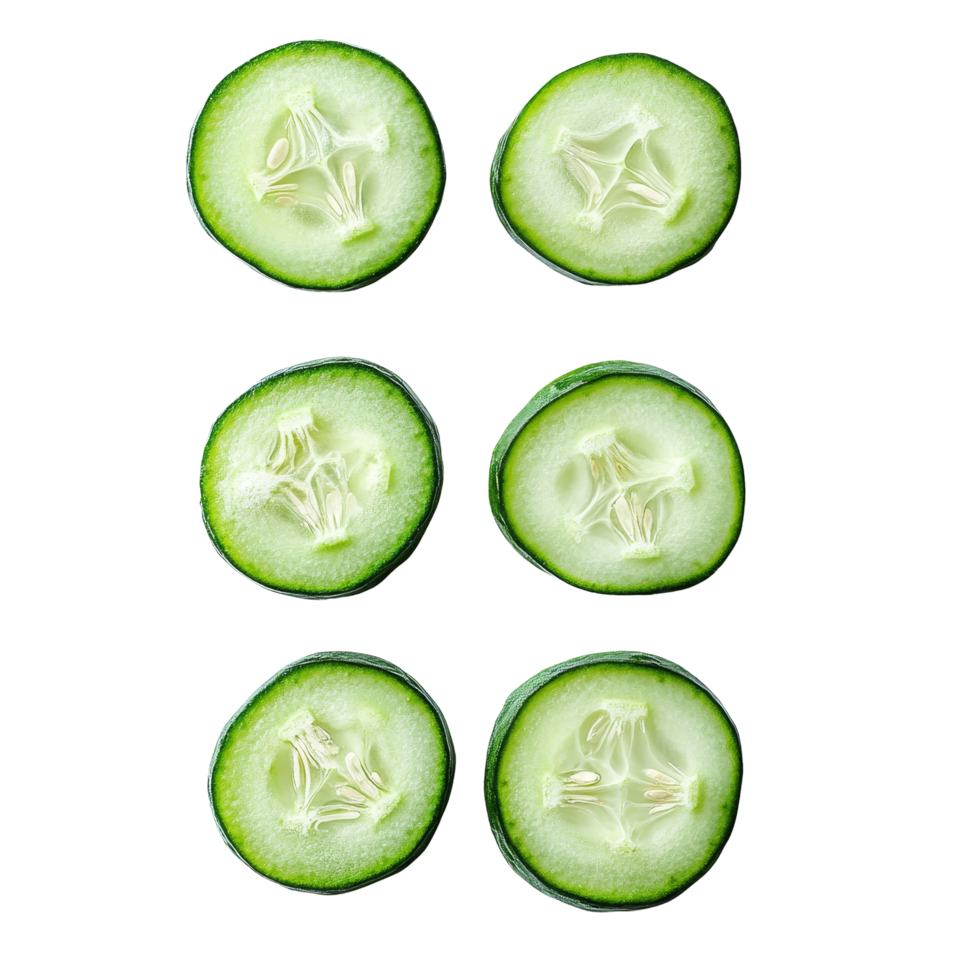 Fresh cucumber slices arranged on a transparent background for culinary uses and healthy snacking options, Fresh cucumber slices isolated on transparent background png