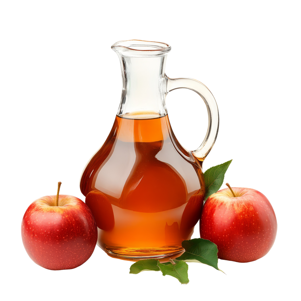 A clear jug of apple cider vinegar with fresh red apples and green leaves on a transparent background, A jug of apple cider vinegar with fresh red apples isolated png