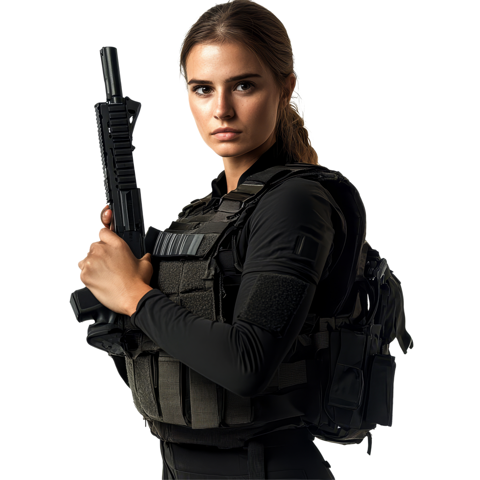 Female tactical agent in combat gear confidently holds a firearm during a training exercise in a controlled environment, Female Agent in Tactical Outfit Holding Gun Isolated on transparent background png
