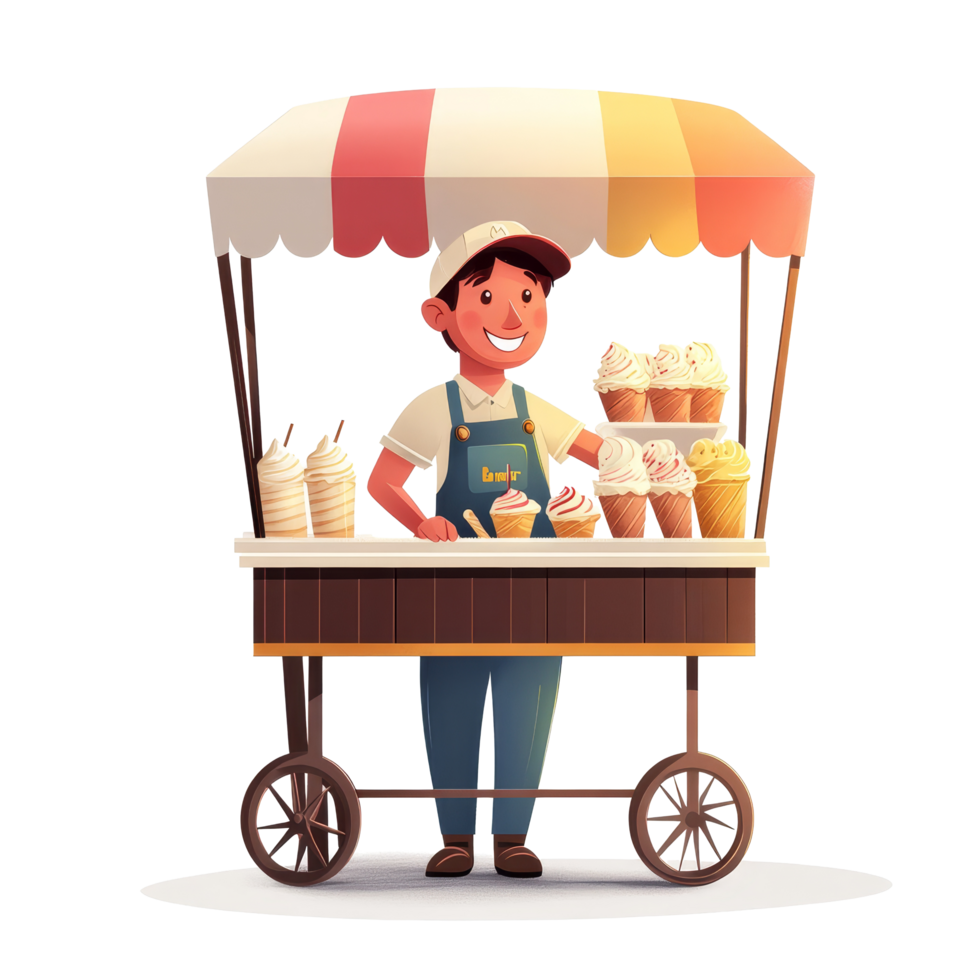Cheerful ice cream seller serving delicious treats from a vintage cart on a sunny day, Illustration of a Ice cream seller, transparent background png