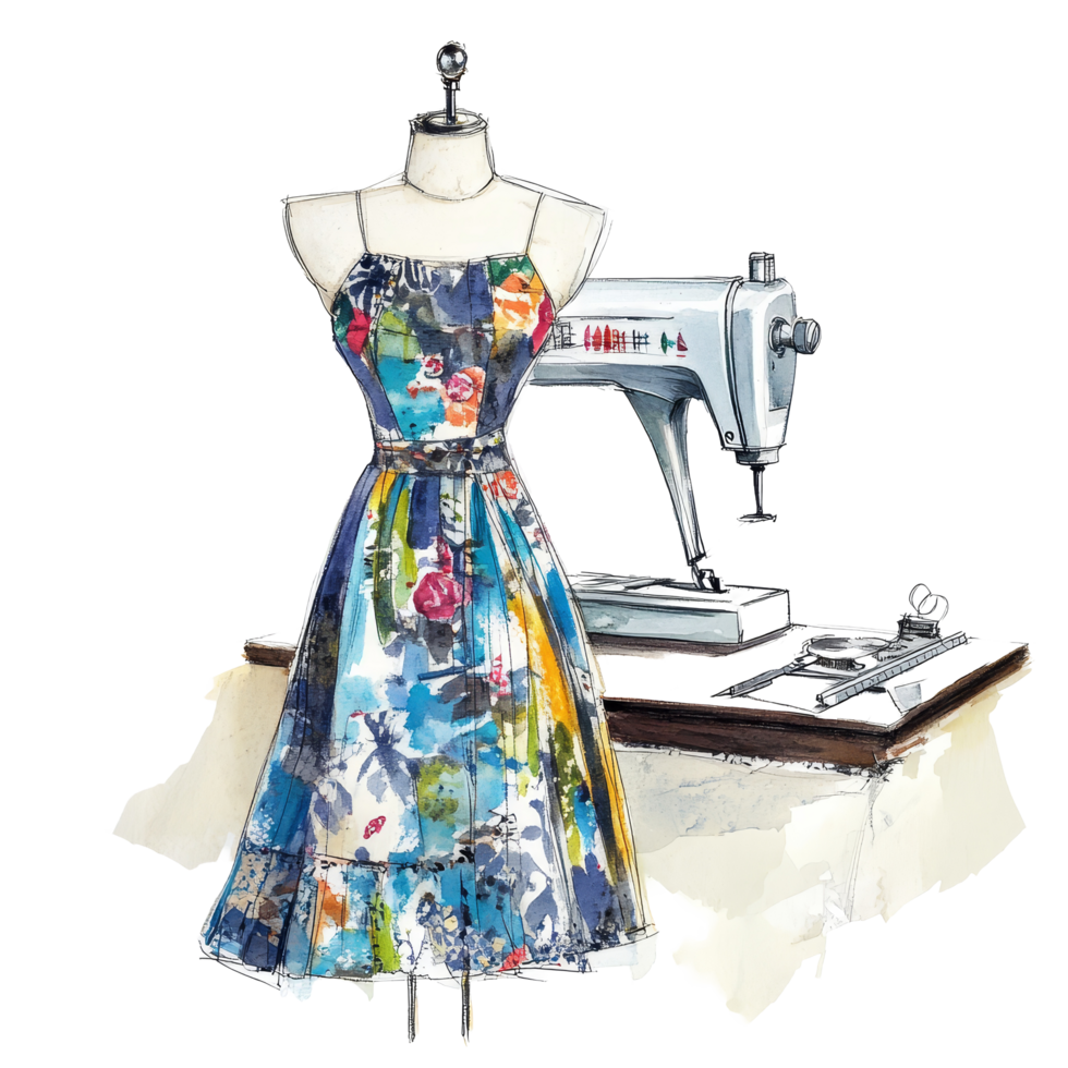 A vibrant watercolor illustration of a fashion dress and sewing machine on a transparent background, fashion floral sewing illustration transparent background png