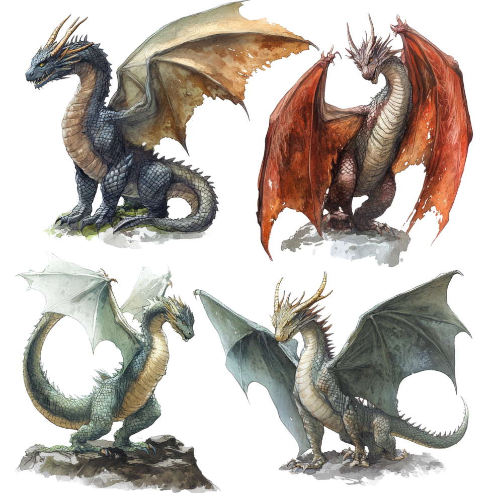 Four mythical dragons displayed in detail against a transparent background showcasing their unique colors and features, Mythical Dragons Isolated on transparent background png