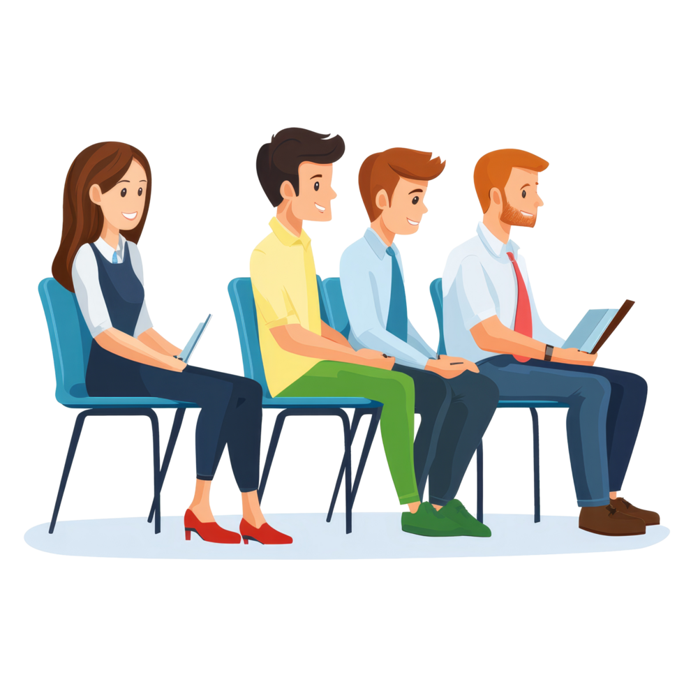 Job candidates sitting in a waiting area before interviews, showcasing anticipation and professionalism, file no background Job candidates sitting in the waiting room png