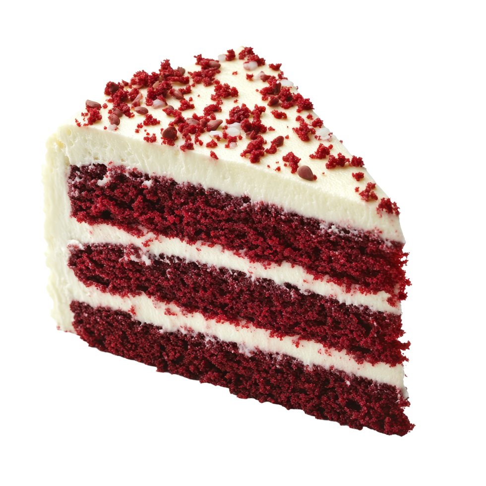A delectable slice of red velvet cake on a bright transparent background showcasing its rich layers and creamy frosting, Isolated Red Velvet Cake slice on a pure transparent background, with precision png