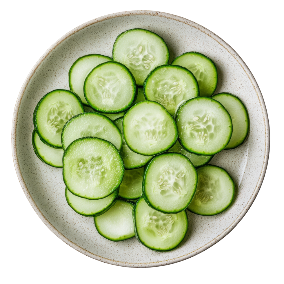Fresh cucumber slices arranged neatly on a textured plate with a clean transparent background for a healthy dining experience, Cucumber slices in plate on transparent background png
