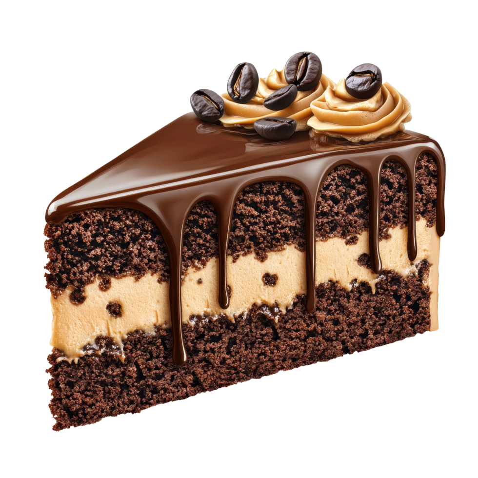Delicious slice of chocolate coffee caramel cake with creamy topping and coffee beans for decoration, chocolate coffee caramel Cake slice toping isolated on transparent background or transparent png