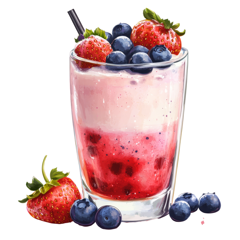 Delicious strawberry and blueberry yogurt drink served in a clear glass with a colorful splash background, Strawberries and blueberries yogurt drink Stock Illustration png