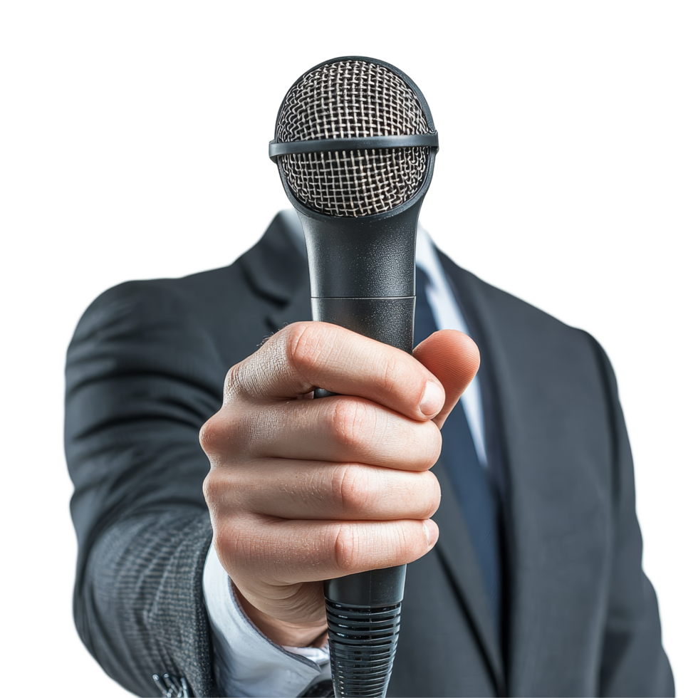 Confident businessman addressing an audience at a conference while holding a microphone during a keynote, Confident Businessman at a conference Speaker with Microphone Isolated on transparent png