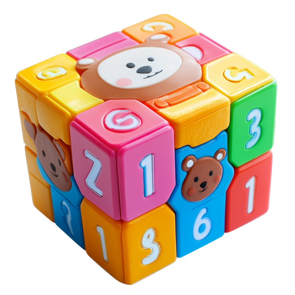 Colorful baby cube toy with bear and number designs for interactive playtime exploration, Colorful Baby Cube Toy with Bear and Number Designs Isolated on transparent background png