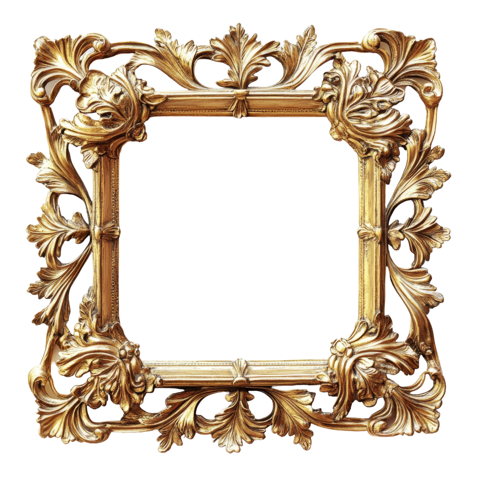 Ancient golden picture frame decoration isolated on elegant transparent background, ancient golden picture frame decoration isolated on transparent background png