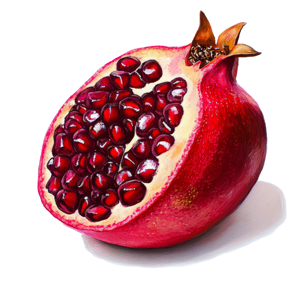 Vibrant and luscious pomegranate cut in half reveals juicy ruby seeds against a clean transparent background, Vibrant and Luscious Pomegranate on transparent background png