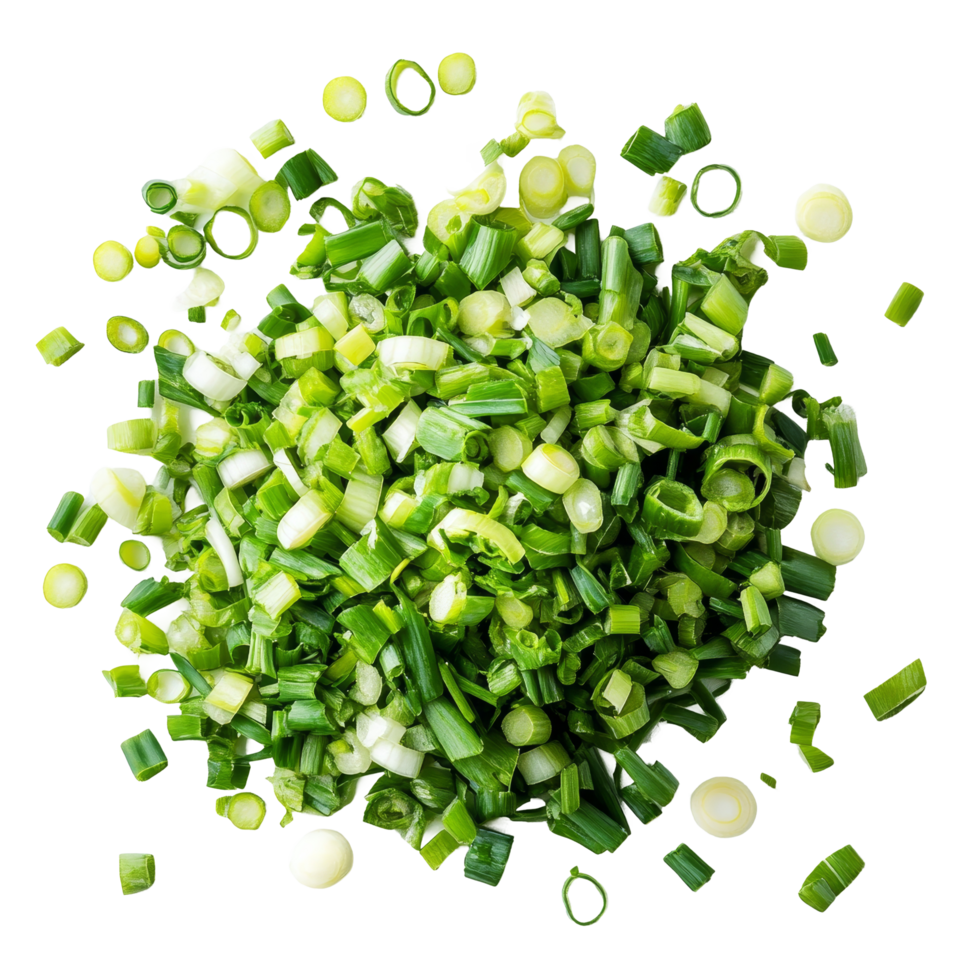 Freshly chopped green onions scattered on a clean transparent background, highlighting vibrant colors and textures for culinary use, chopped green onions on transparent background png