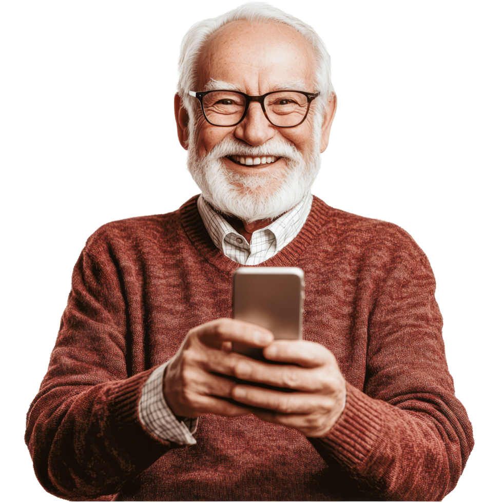 Smiling senior man wearing glasses holds a smartphone while posing brightly and joyfully at home, Smiling Senior Man with Phone on transparent background png
